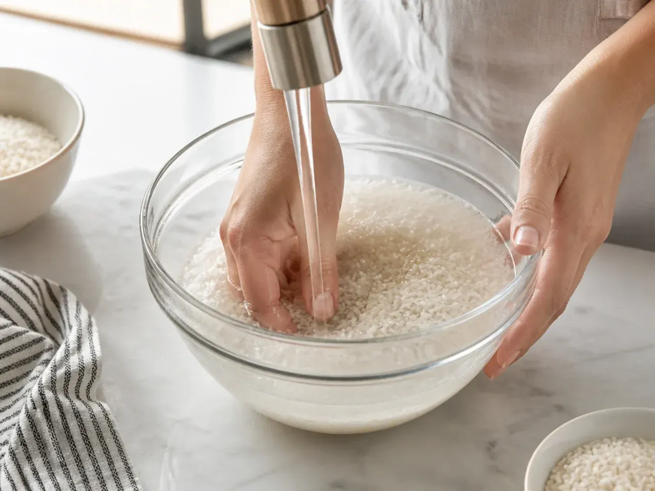 sushi bowl vs sushi roll — step 1: rinse the rice