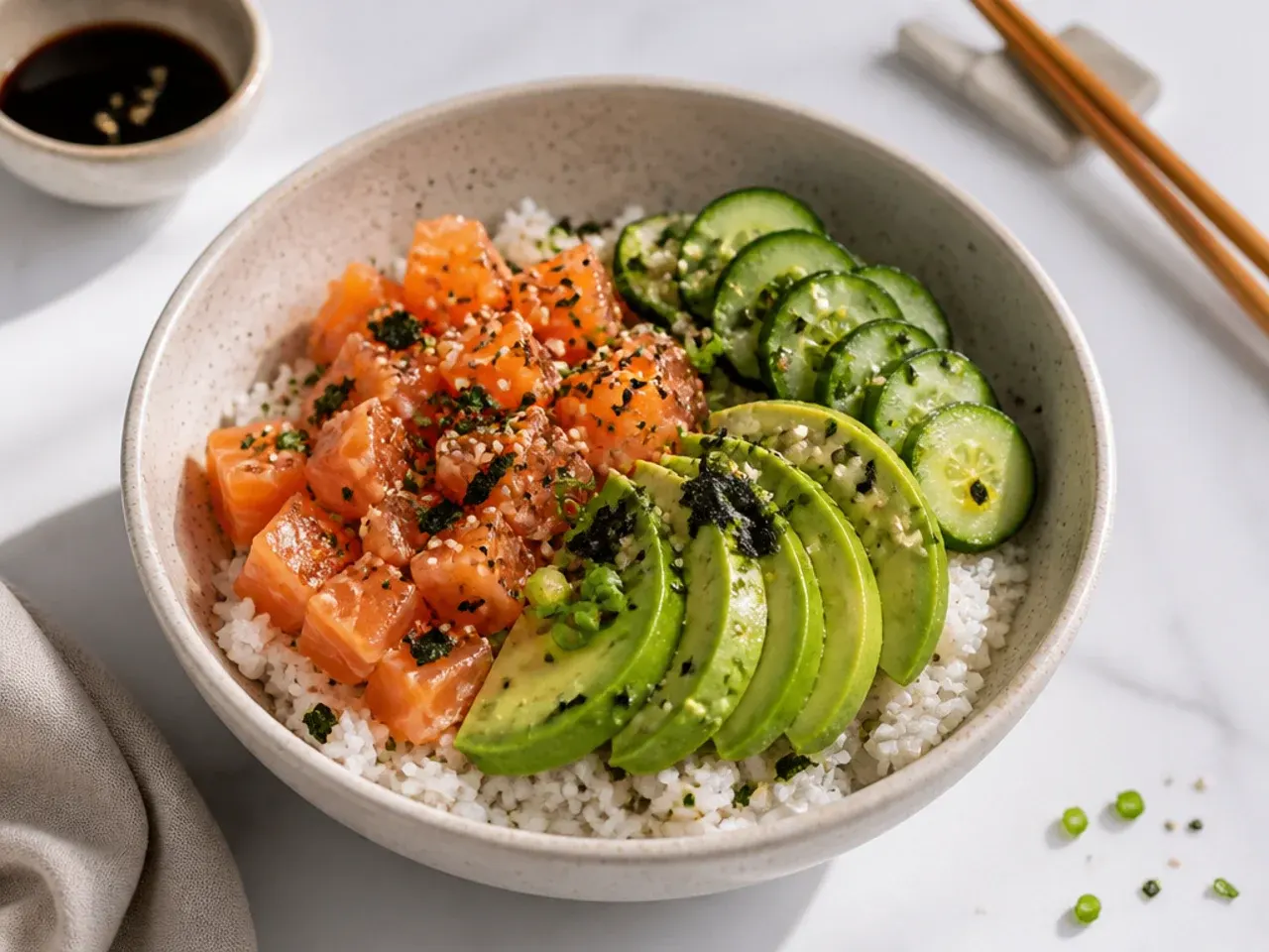 Deconstructed sushi bowl with seasoned rice, sliced salmon, avocado and cucumber toppings