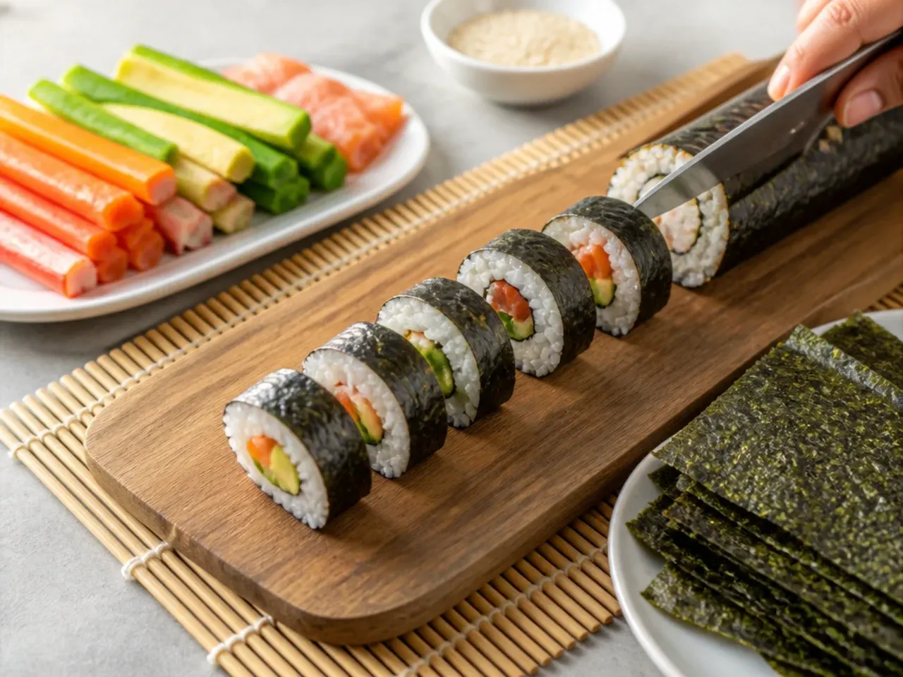 Homemade sushi rolls (maki) being sliced on a bamboo mat next to nori and fillings