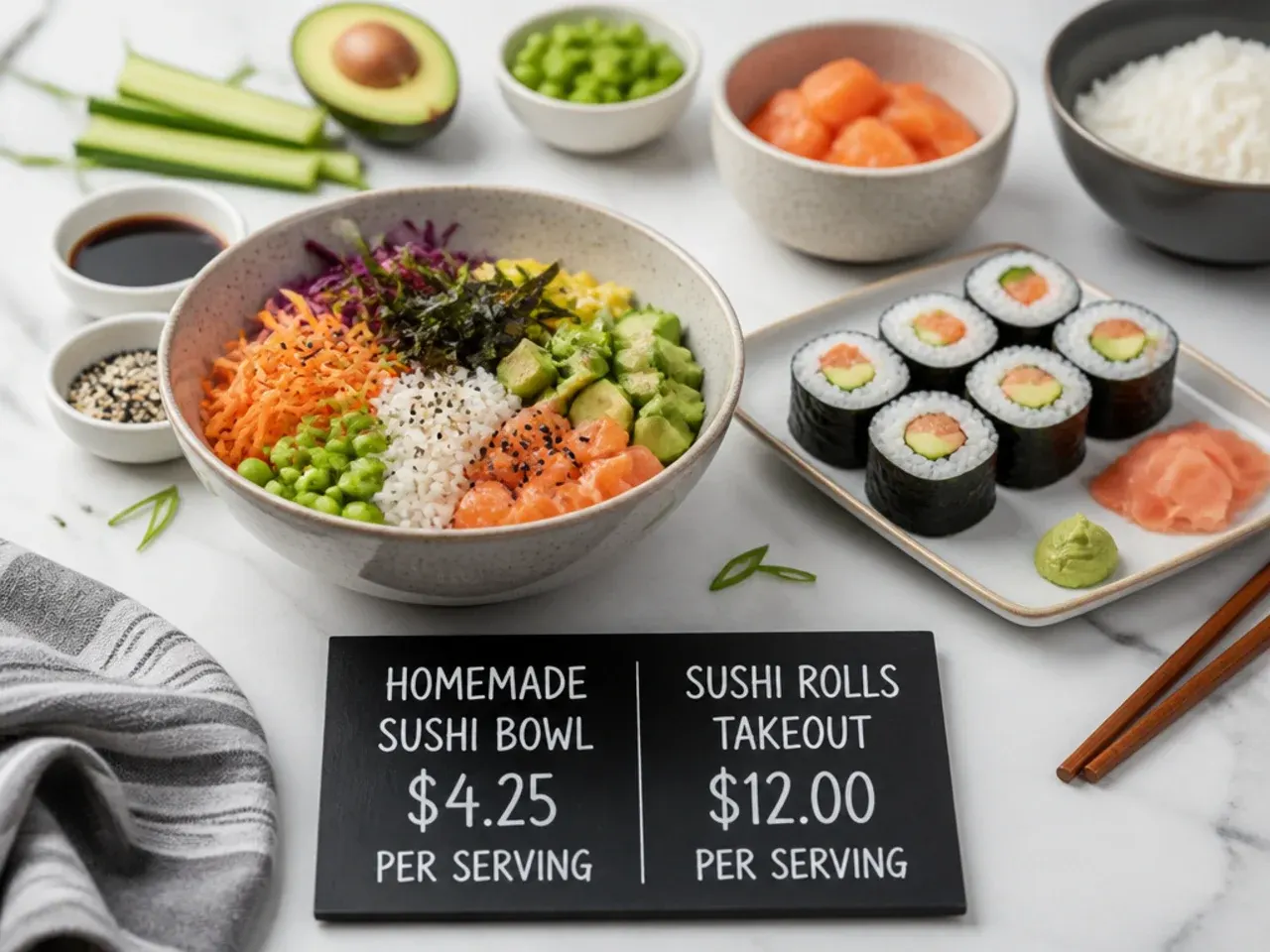 Cost comparison of a homemade sushi bowl versus sushi rolls with fresh ingredients laid out