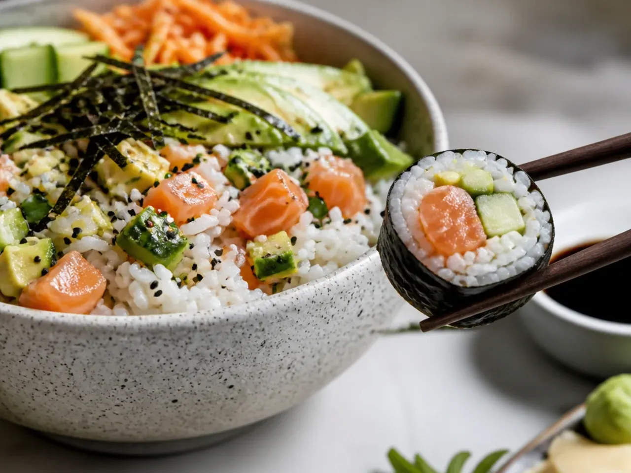 Close-up comparing the loose fluffy rice of a sushi bowl with a tightly rolled sushi roll bite