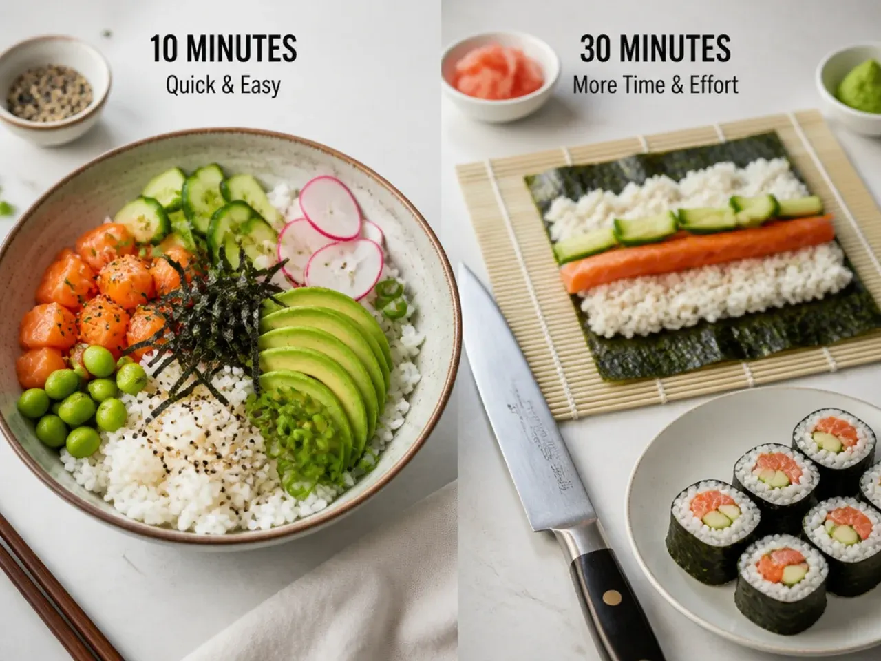 Quick sushi bowl assembly compared with the time and effort of rolling maki on a bamboo mat