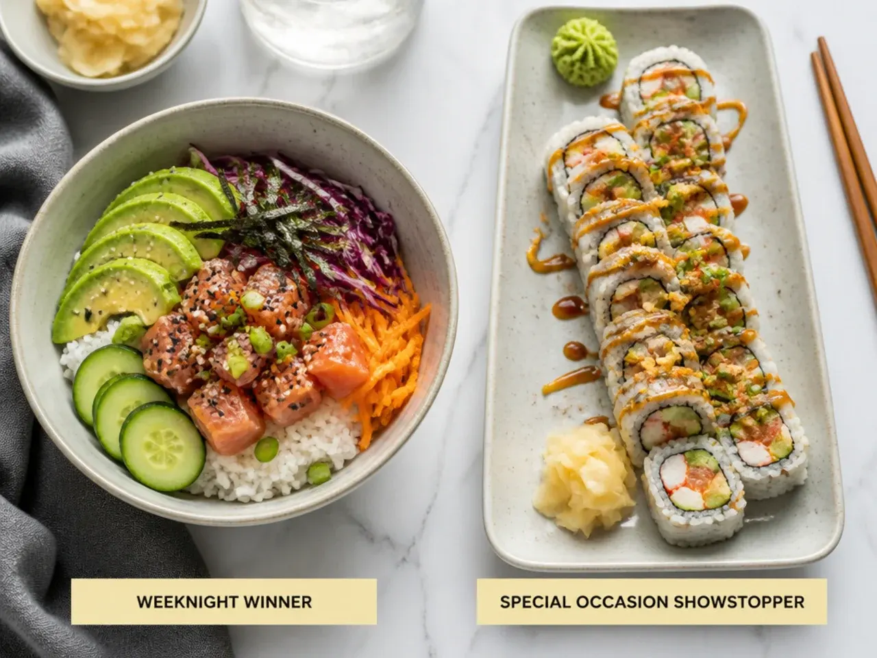 Sushi bowl and sushi roll side by side showing the best choice for weeknight versus special occasion