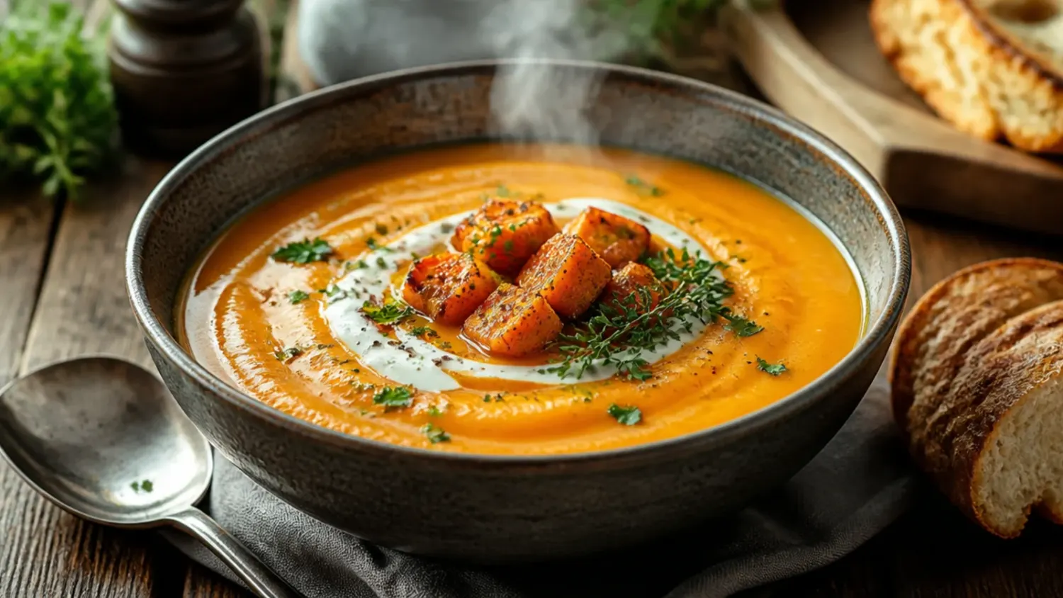 Bowl of creamy cheesy sweet potato soup topped with melted cheddar, crispy bacon and chives