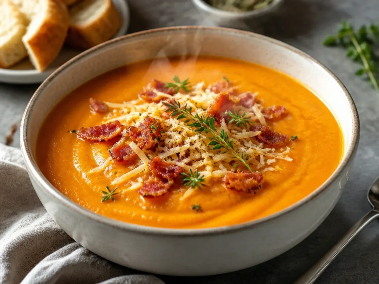 Overhead shot of creamy sweet potato soup in a rustic bowl with a swirl of cream