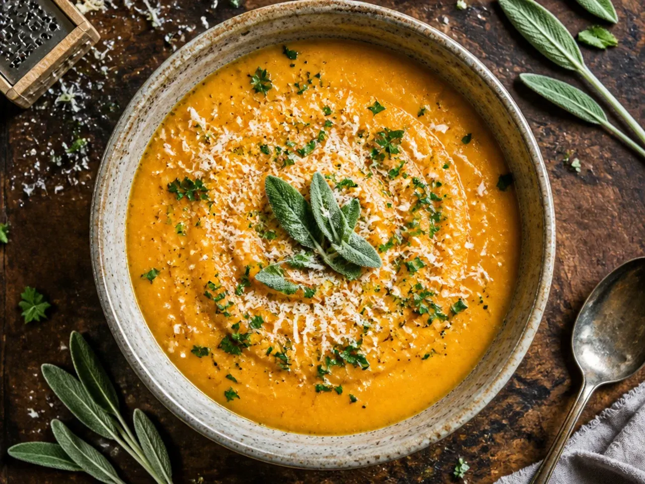 Classic sweet potato soup with fried sage leaves and a nutmeg dusting