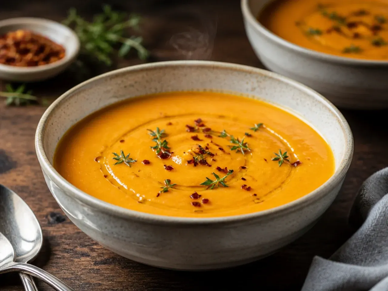 Simple five-ingredient sweet potato soup in a plain white bowl