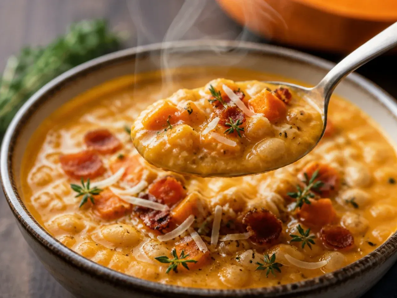 Hearty sweet potato and white bean soup with visible bean chunks