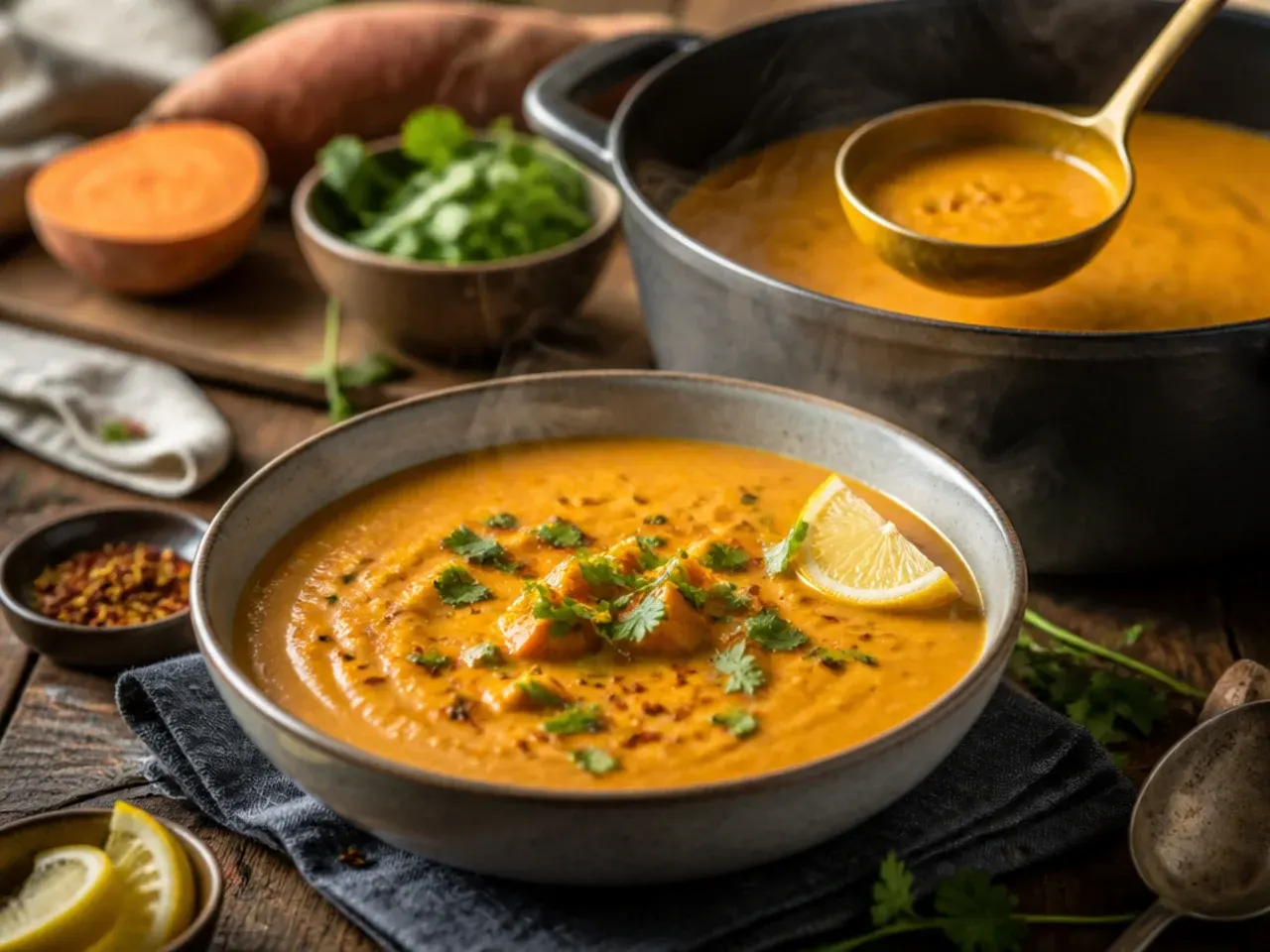 Cozy coconut curry sweet potato soup with coriander and lime