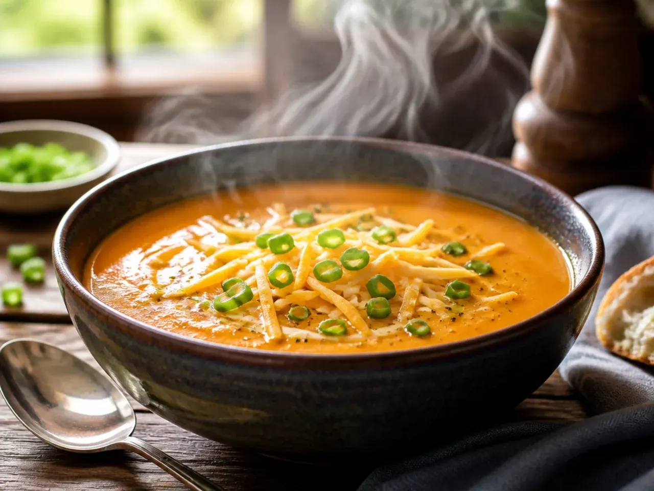 Ultra-creamy roasted sweet potato soup with a swirl of double cream