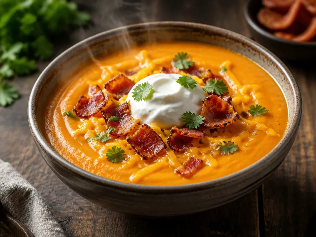 Cheesy bacon sweet potato soup topped with crispy bacon and melted cheddar