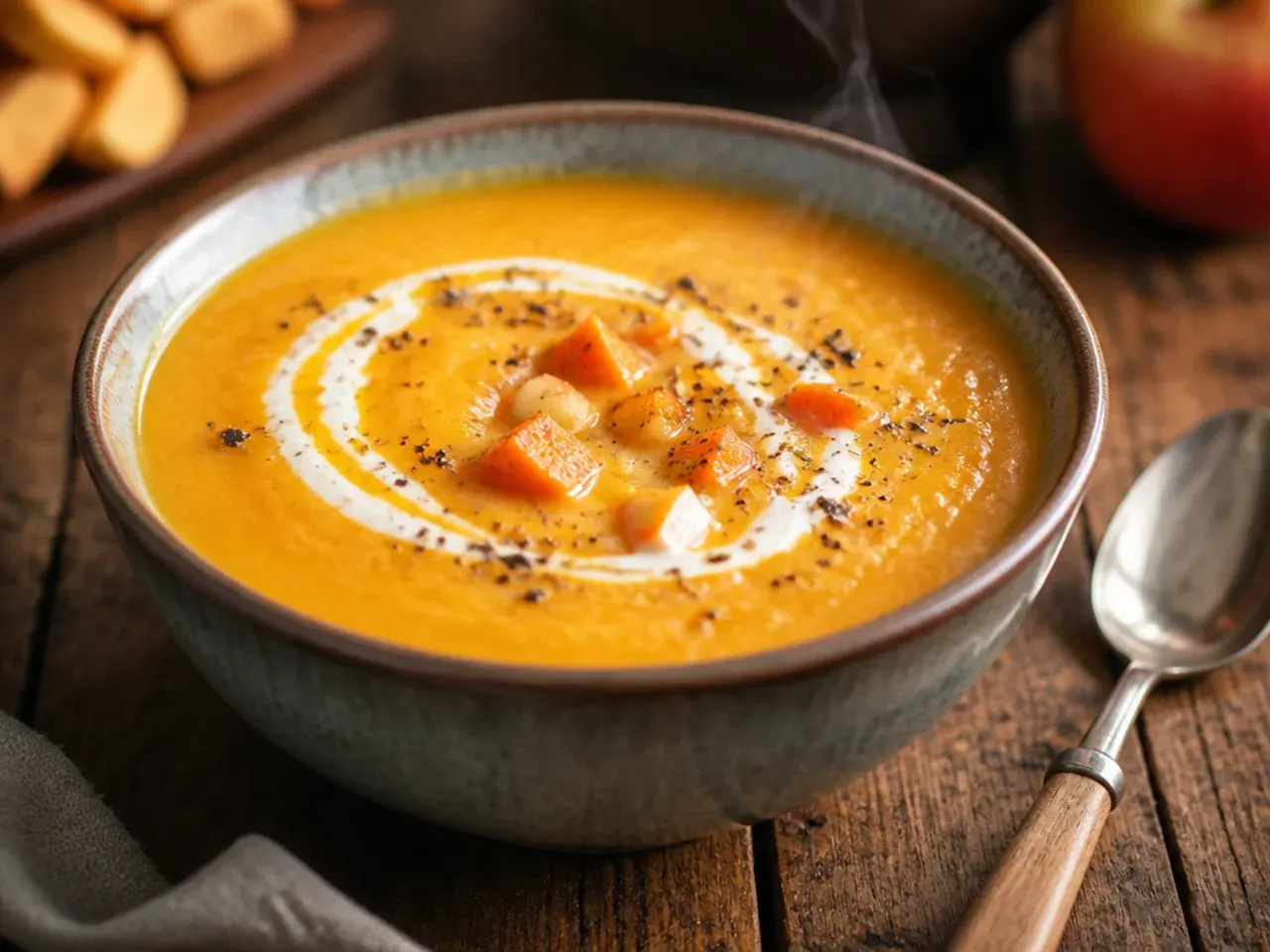 Comforting sweet potato and apple soup with a cinnamon dusting