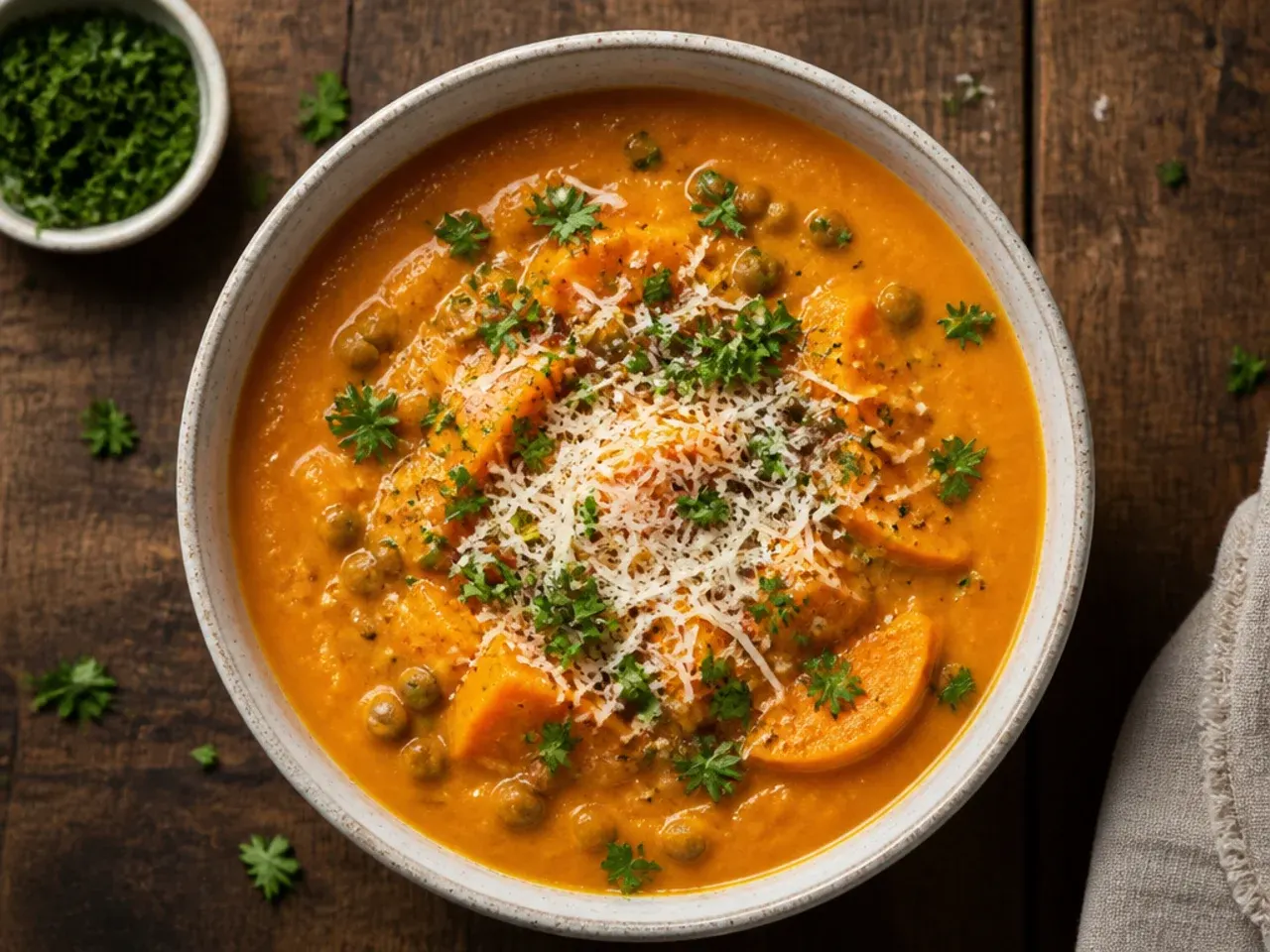 Budget-friendly sweet potato and lentil soup in a simple bowl