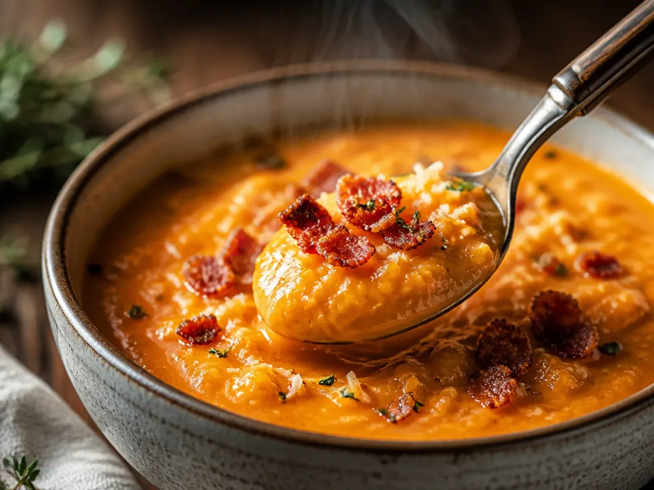 Rustic chunky sweet potato soup with visible potato pieces