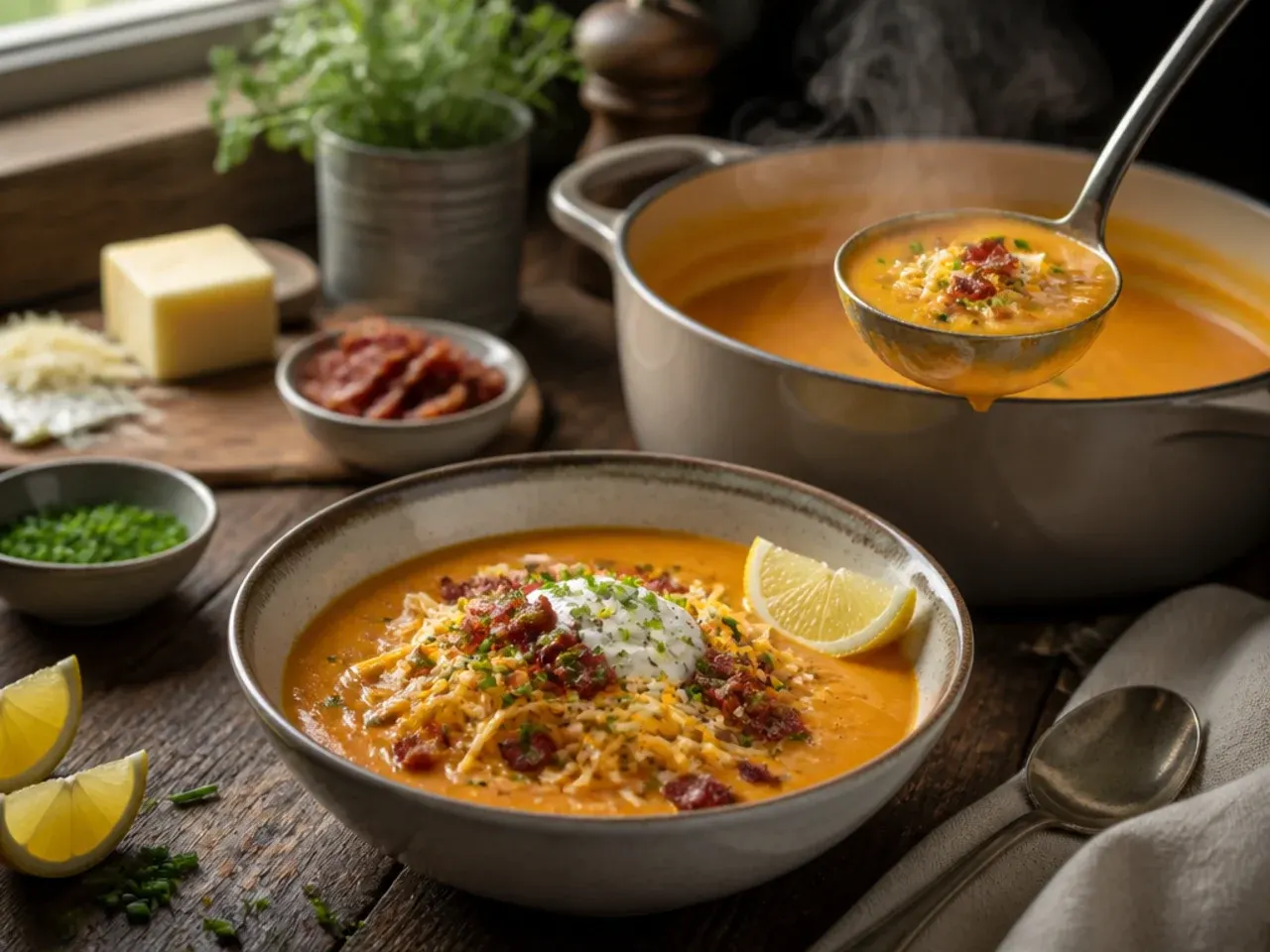 Loaded sweet potato soup topped with soured cream, cheddar and bacon