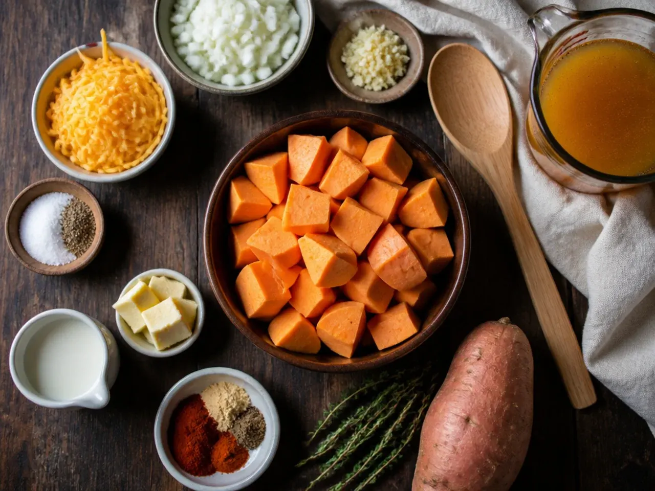 Close-up of the technique for smooth cheesy sweet potato soup