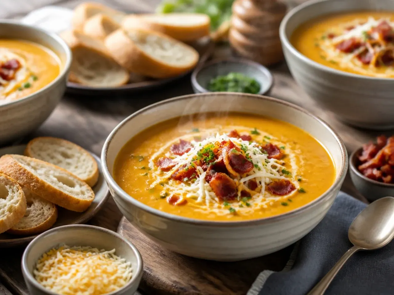 Bowl of sweet potato soup served with crusty bread and a side salad
