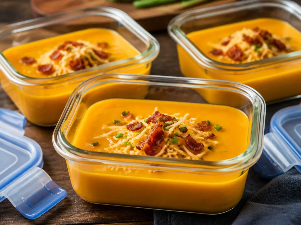 Container of leftover sweet potato soup ready to store in the fridge