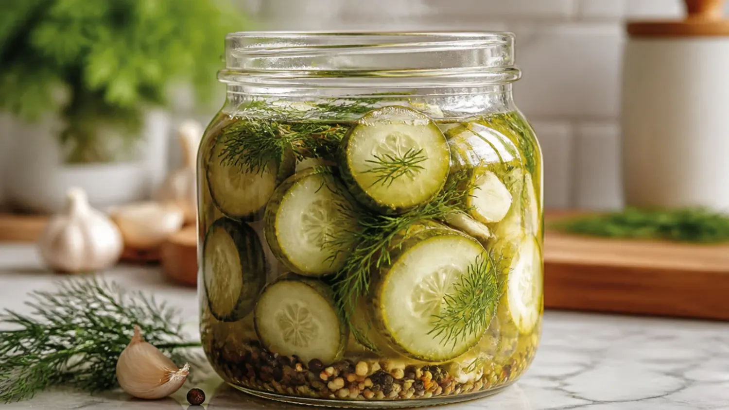 A jar of sweet refrigerator pickles with cucumber and onion slices on a wooden board