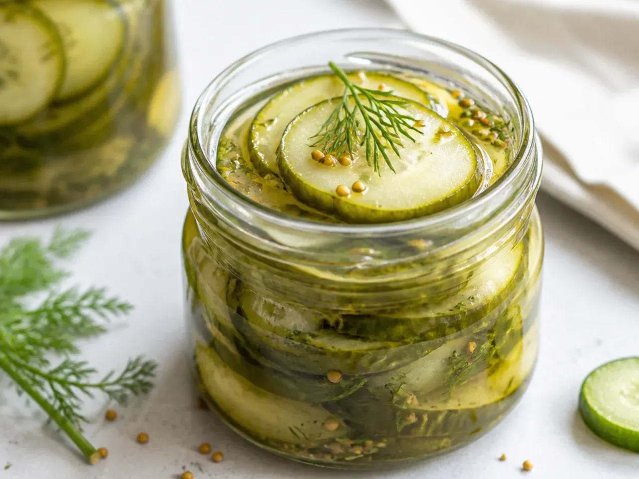 A glass jar of sweet refrigerator pickles with sliced onion, ready to serve