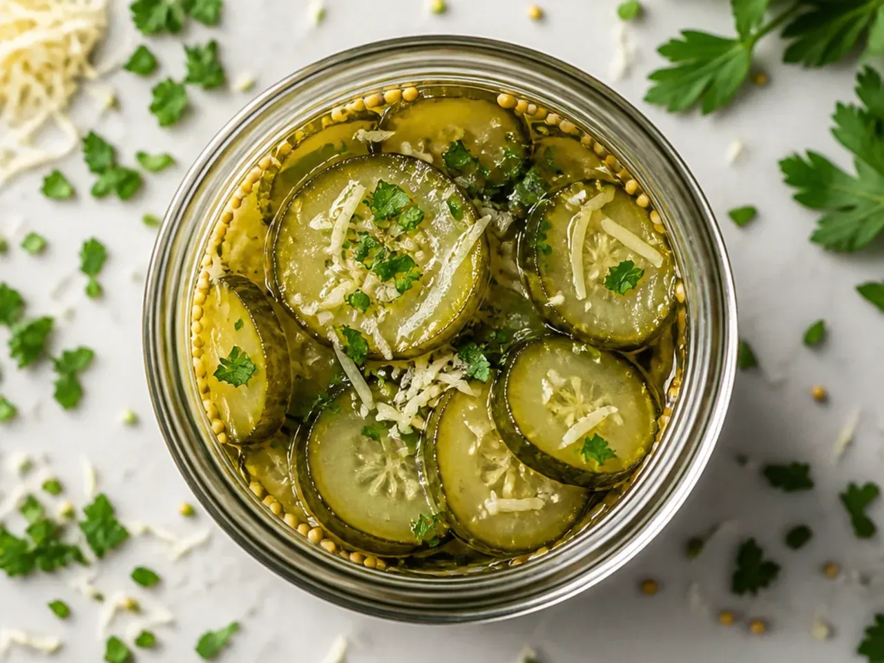 Sliced cucumbers and onions layered in a glass jar before brine is added