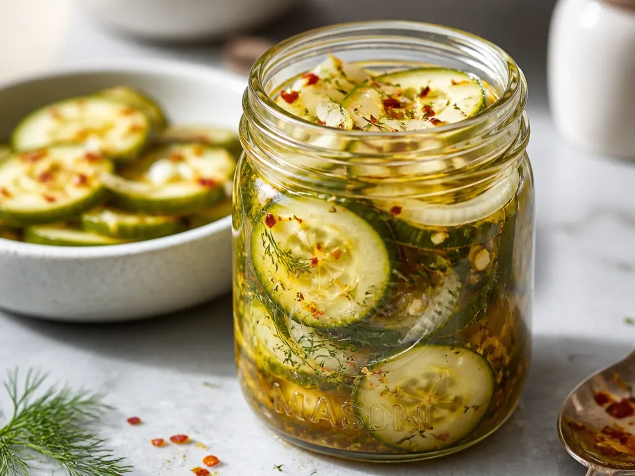 Cold sweet pickle brine being poured over cucumber slices in a jar