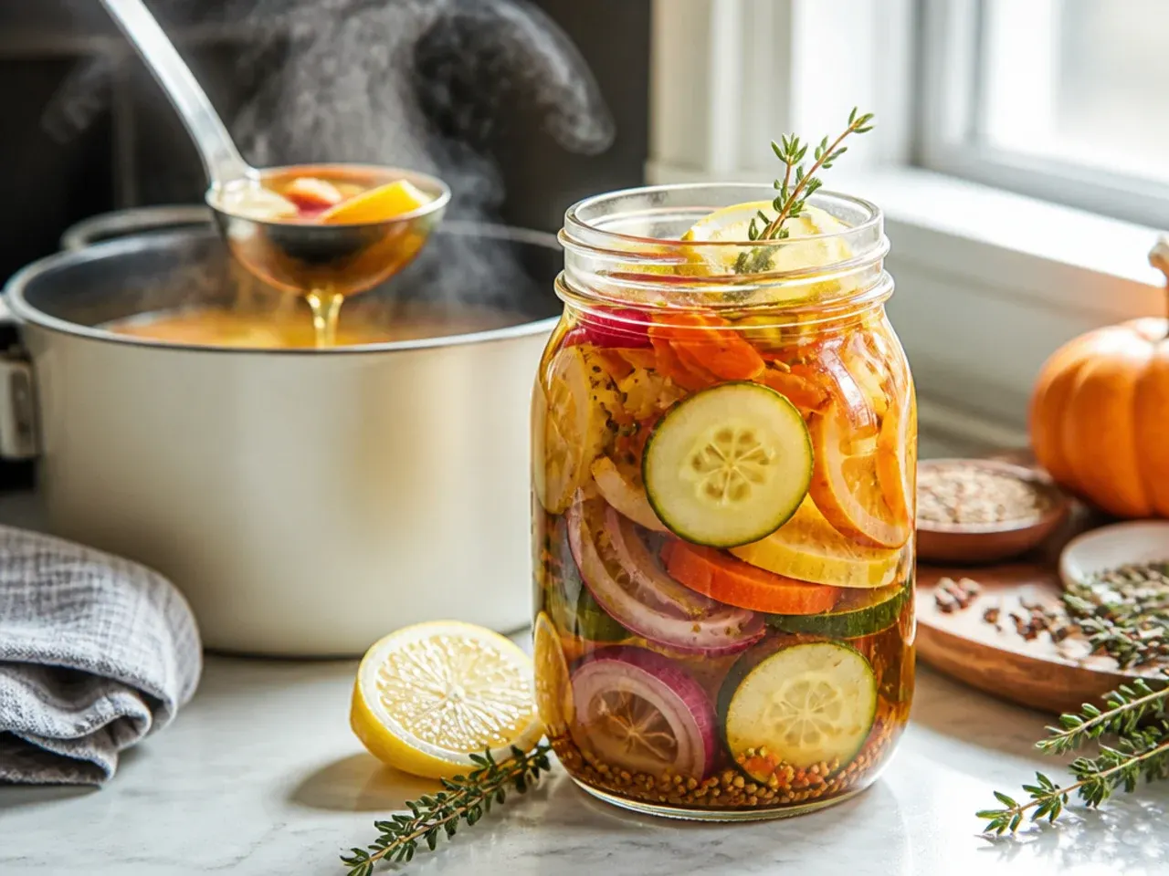 Cinnamon stick and whole cloves steeping in a warm pickle brine