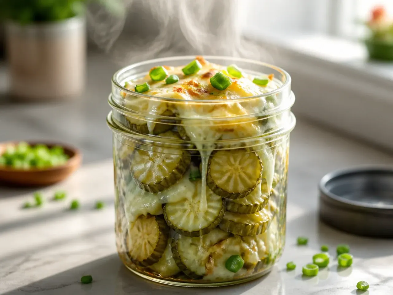 Sweet pickle chips coated in a creamy dill dressing on a serving plate