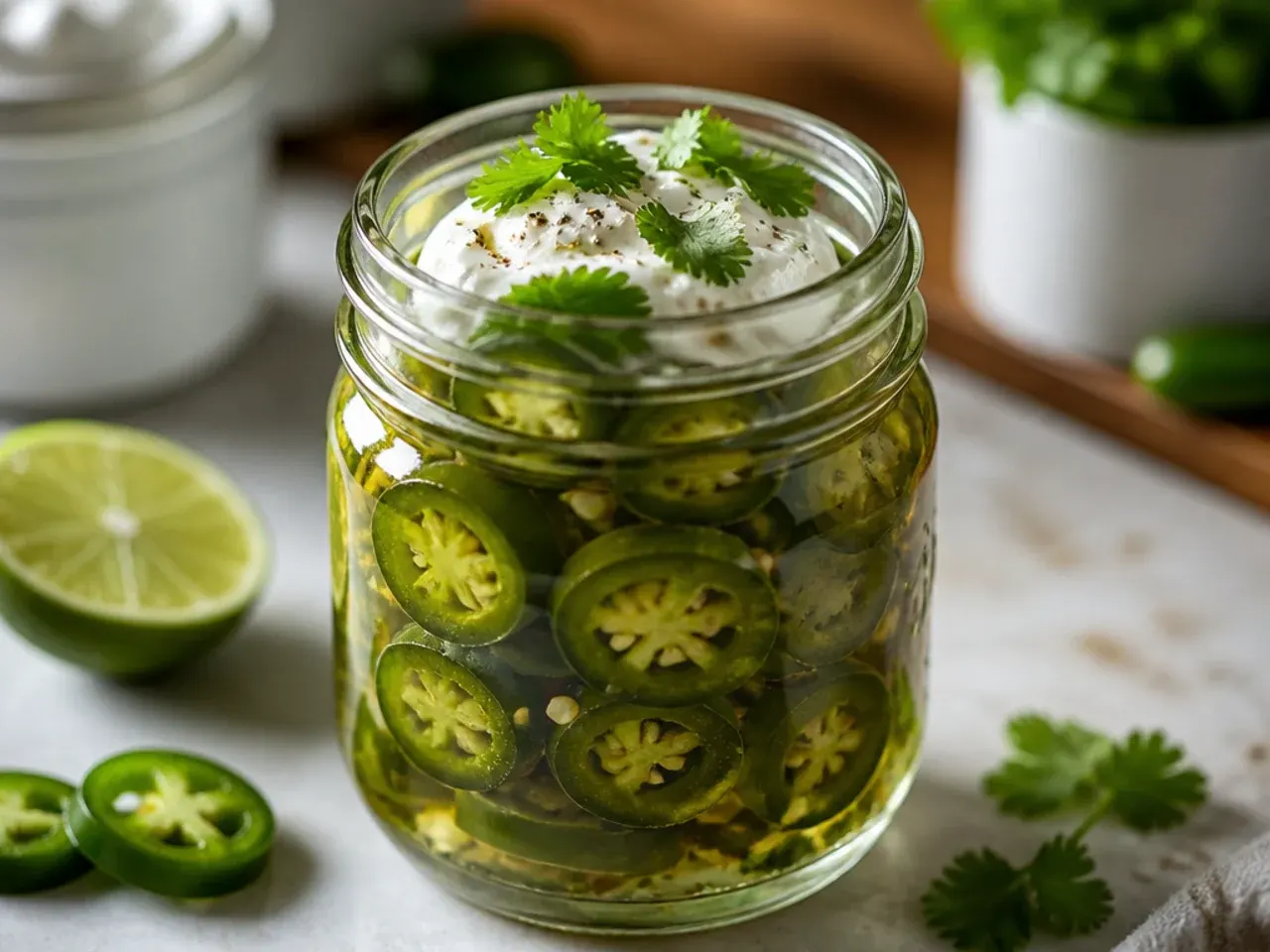 Sliced jalapeño and lime zest in a jar of sweet pickles