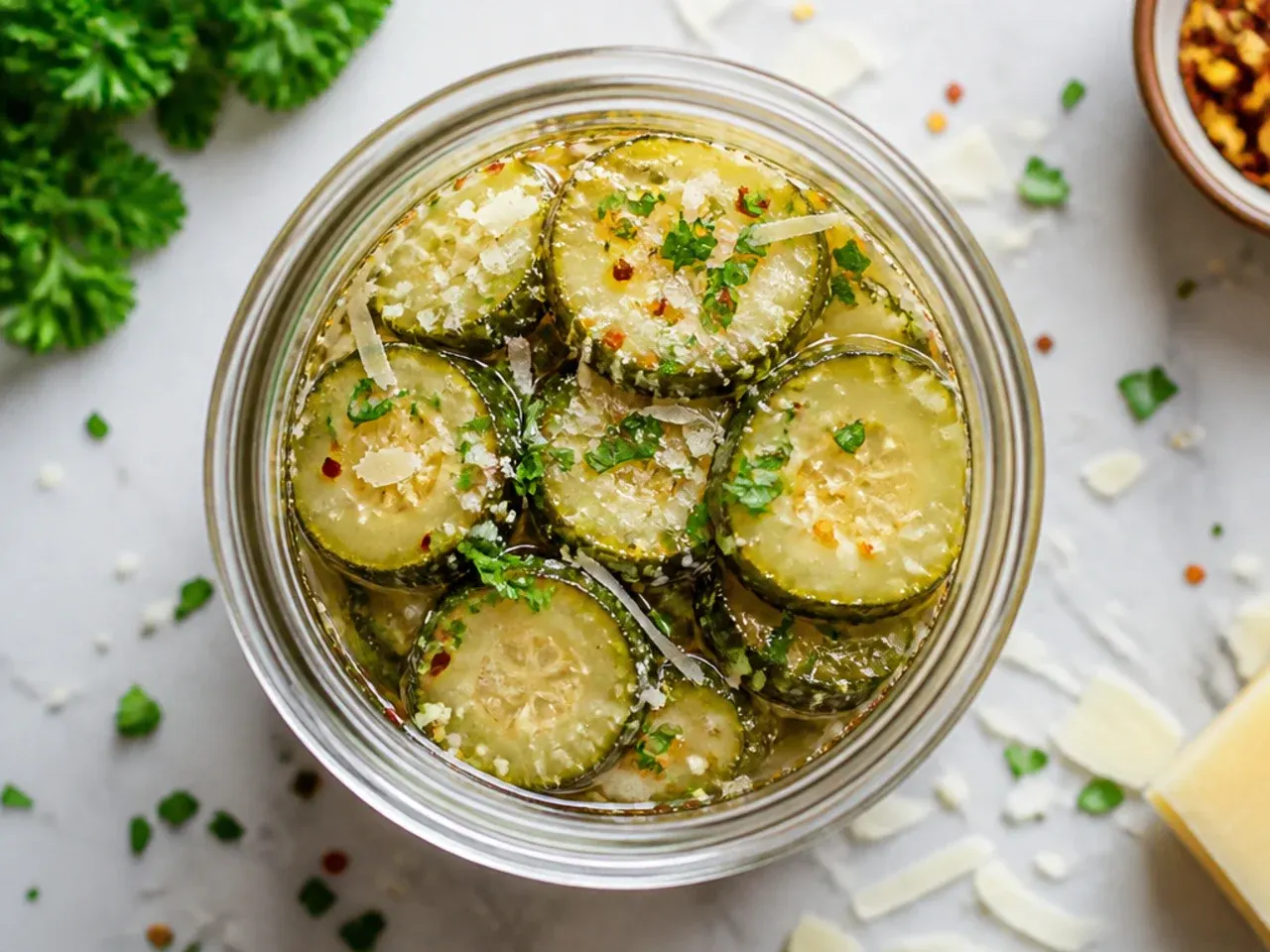 Several budget jars of sweet pickles lined up on a kitchen counter