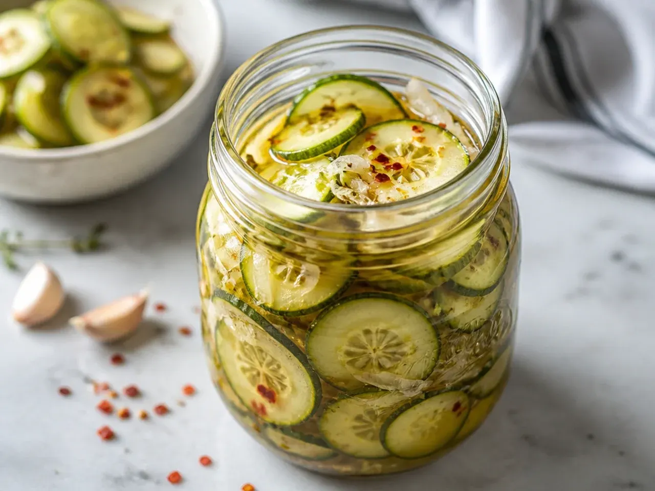 Four small mason jars of sweet pickles prepped for the week ahead