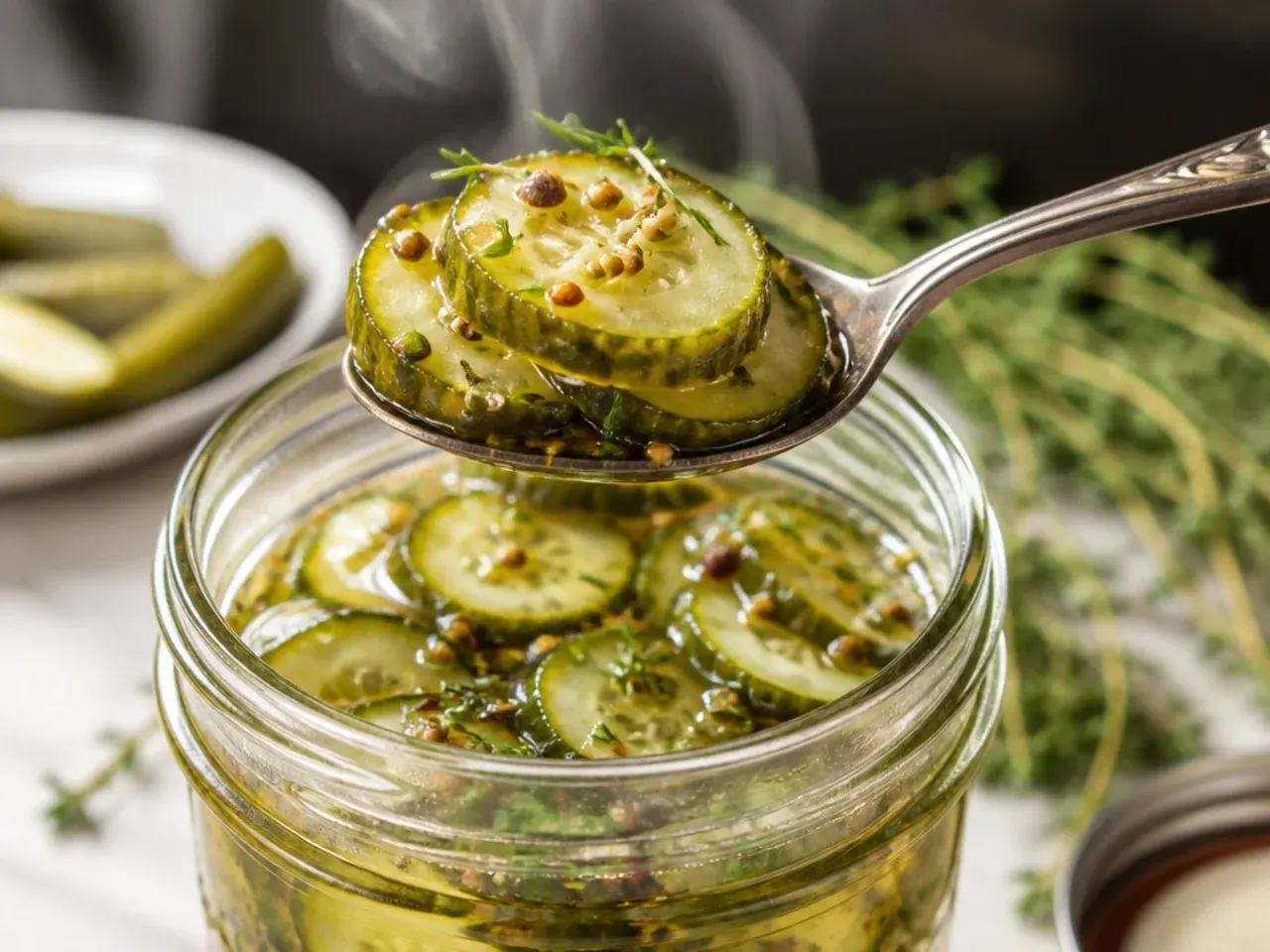 Fresh dill heads and garlic cloves tucked into a rustic pickle jar