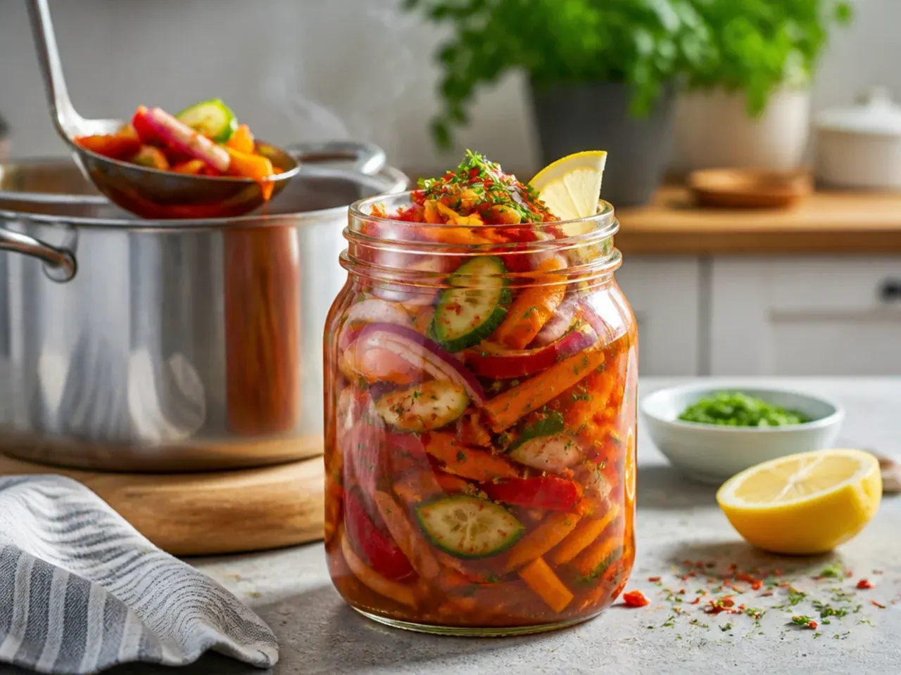 A jar loaded with cucumber, carrot, cauliflower and red pepper pickles
