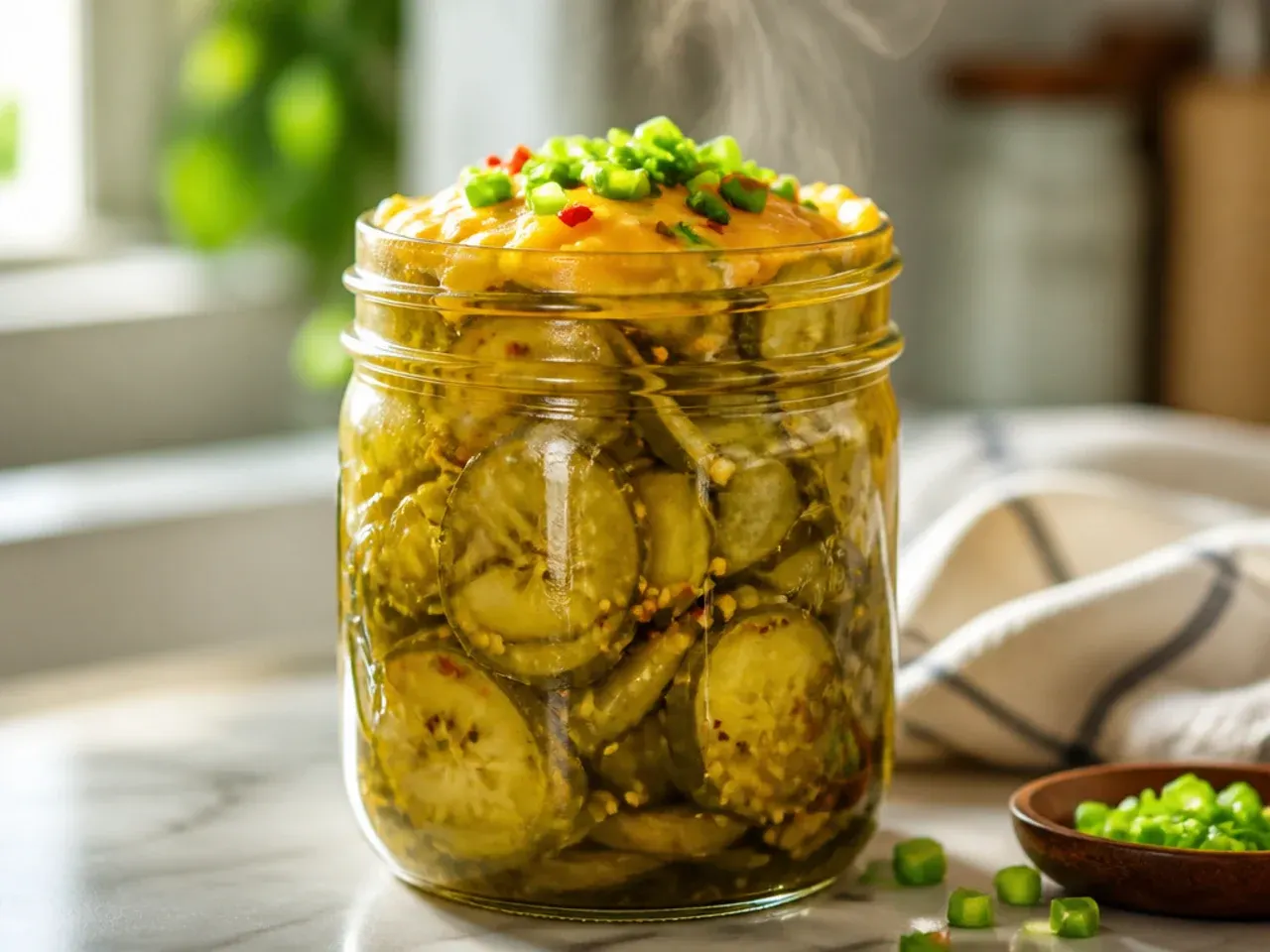 Two large jars of family-size sweet pickles side by side