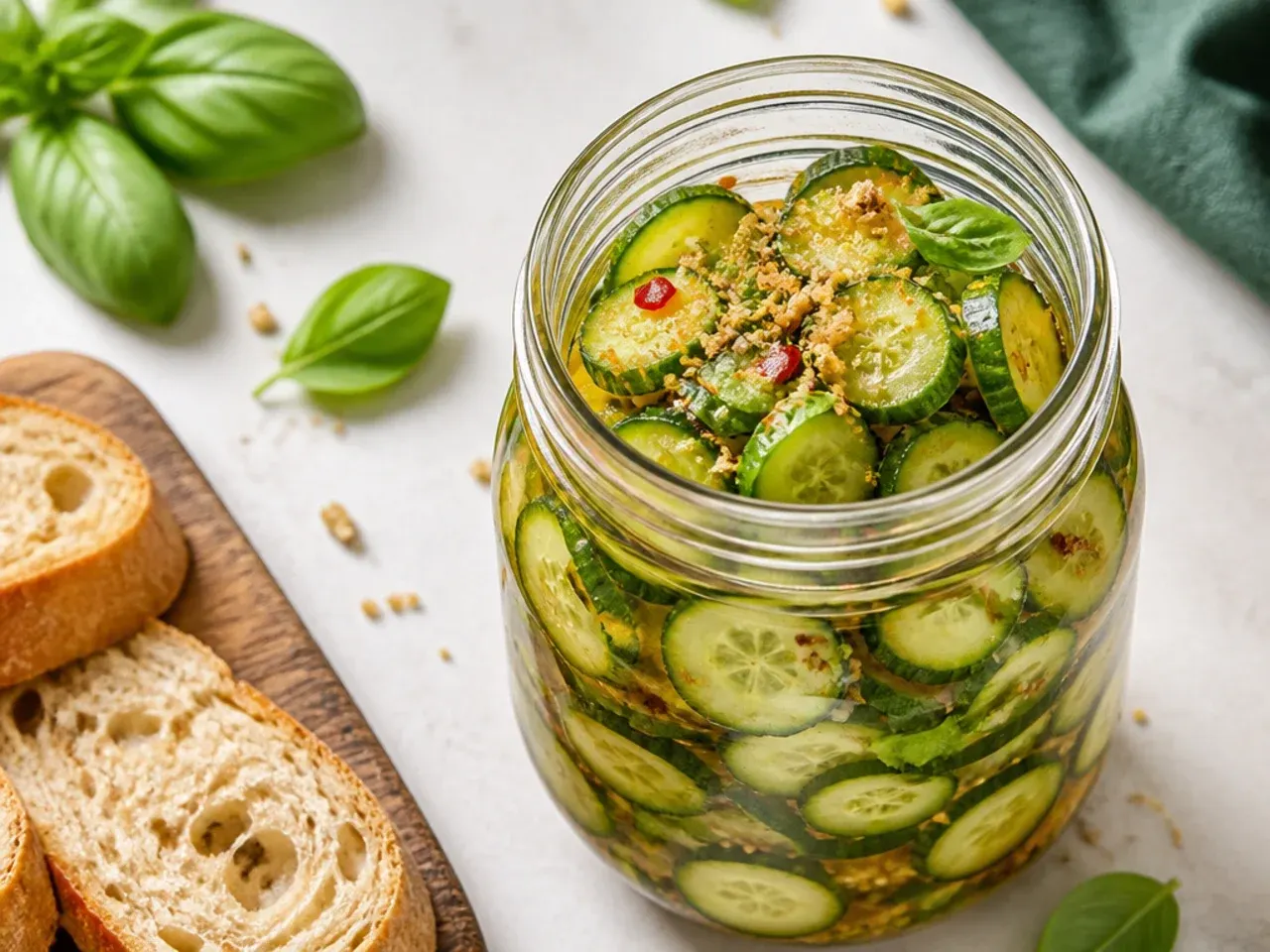 Extra-crunchy sweet pickle slices stacked to show their crisp texture