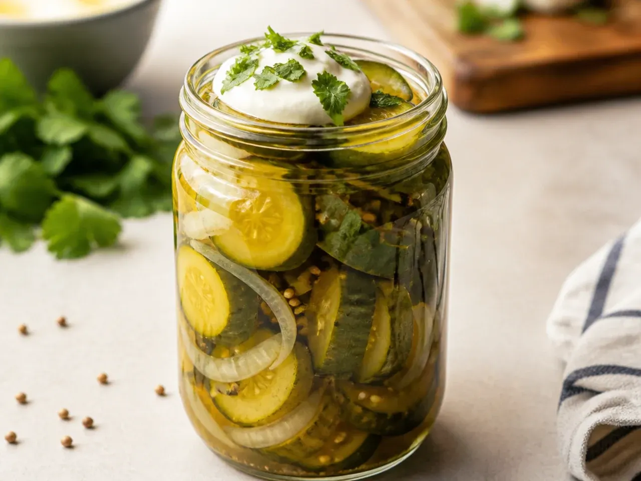 Very thinly sliced cucumbers with hot brine being poured over immediately