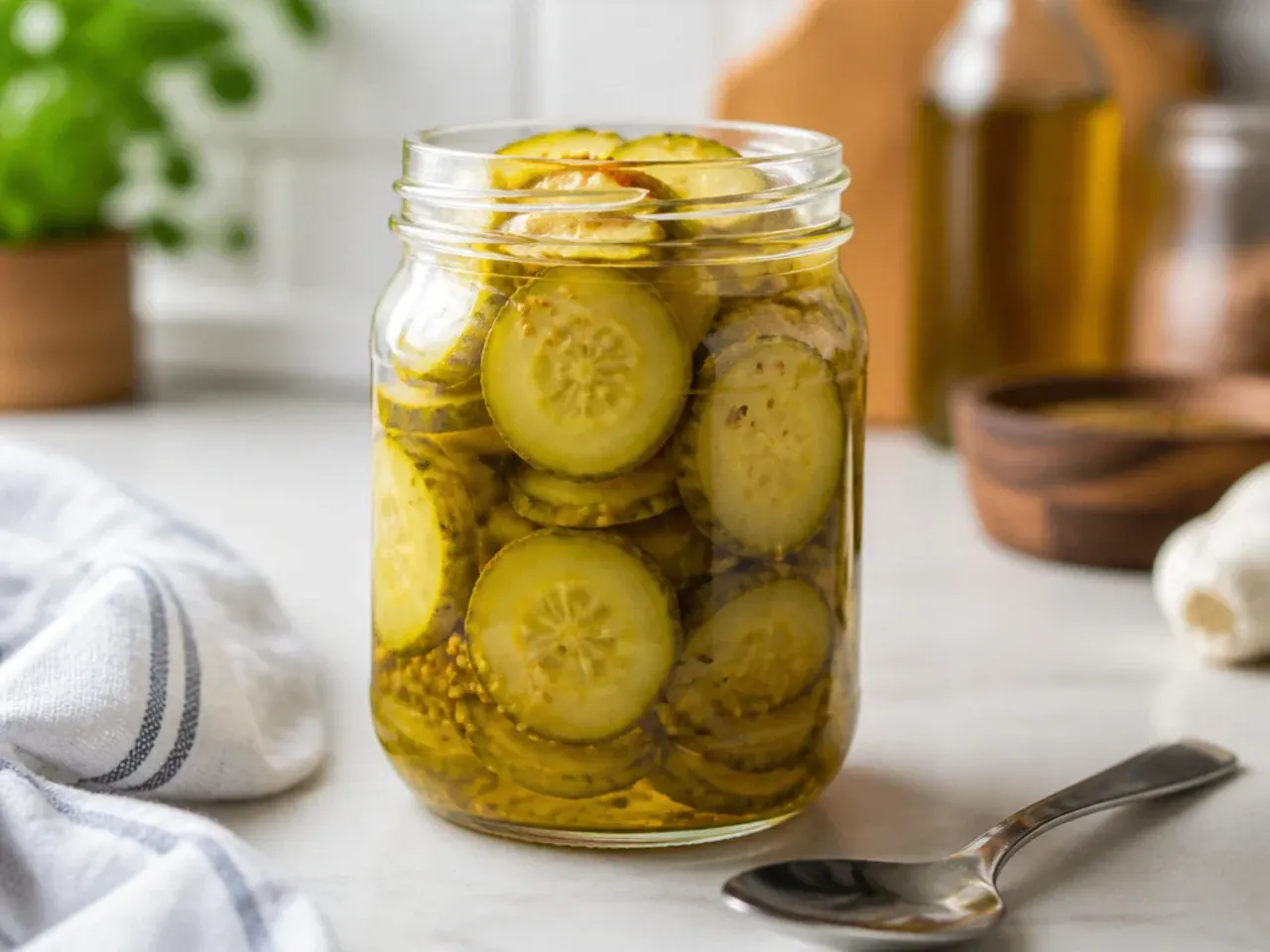 Golden turmeric-tinted bread and butter style pickles in a jar