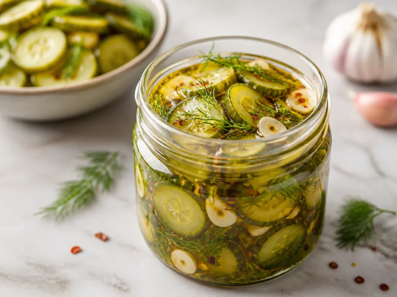Fresh dill fronds, garlic cloves and chilli flakes in a jar of cider vinegar pickles