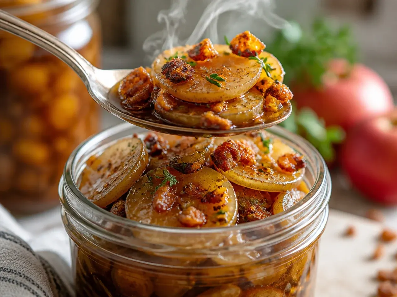 Apple slices and a cinnamon stick added to a jar of sweet cucumber pickles