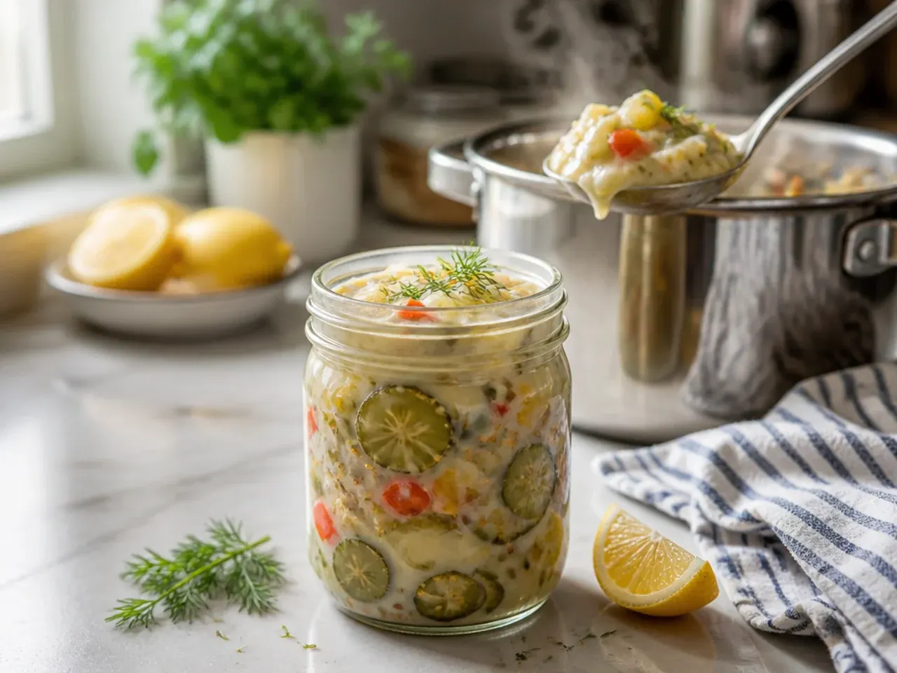 Creamy sweet pickle relish in a small bowl beside a spoon