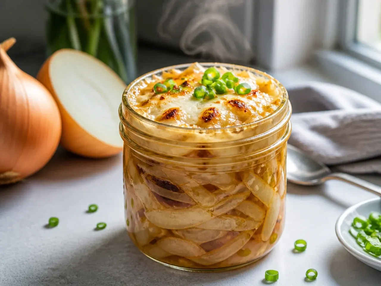 Thin sweet onion rings pickling in a jar of sweet brine