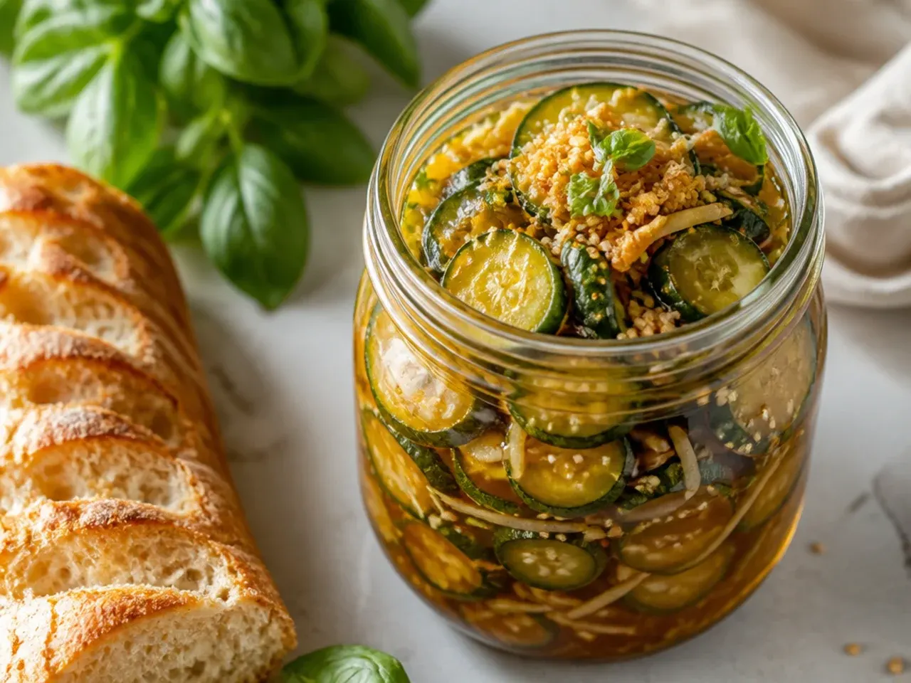 Rice vinegar pickles with grated ginger and sesame seeds in a jar