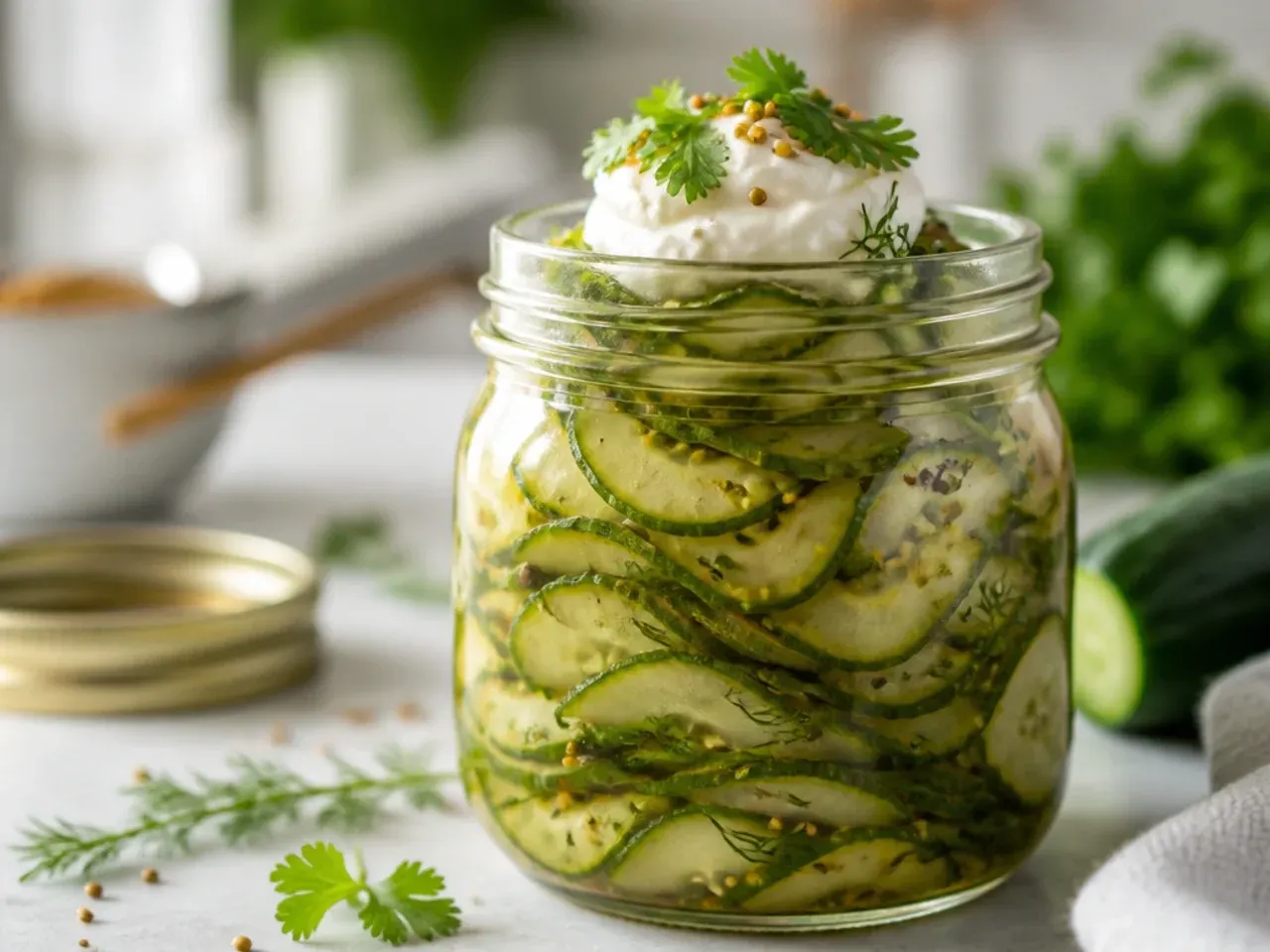 A jar of lighter, low-sugar sweet pickles with a clearer brine