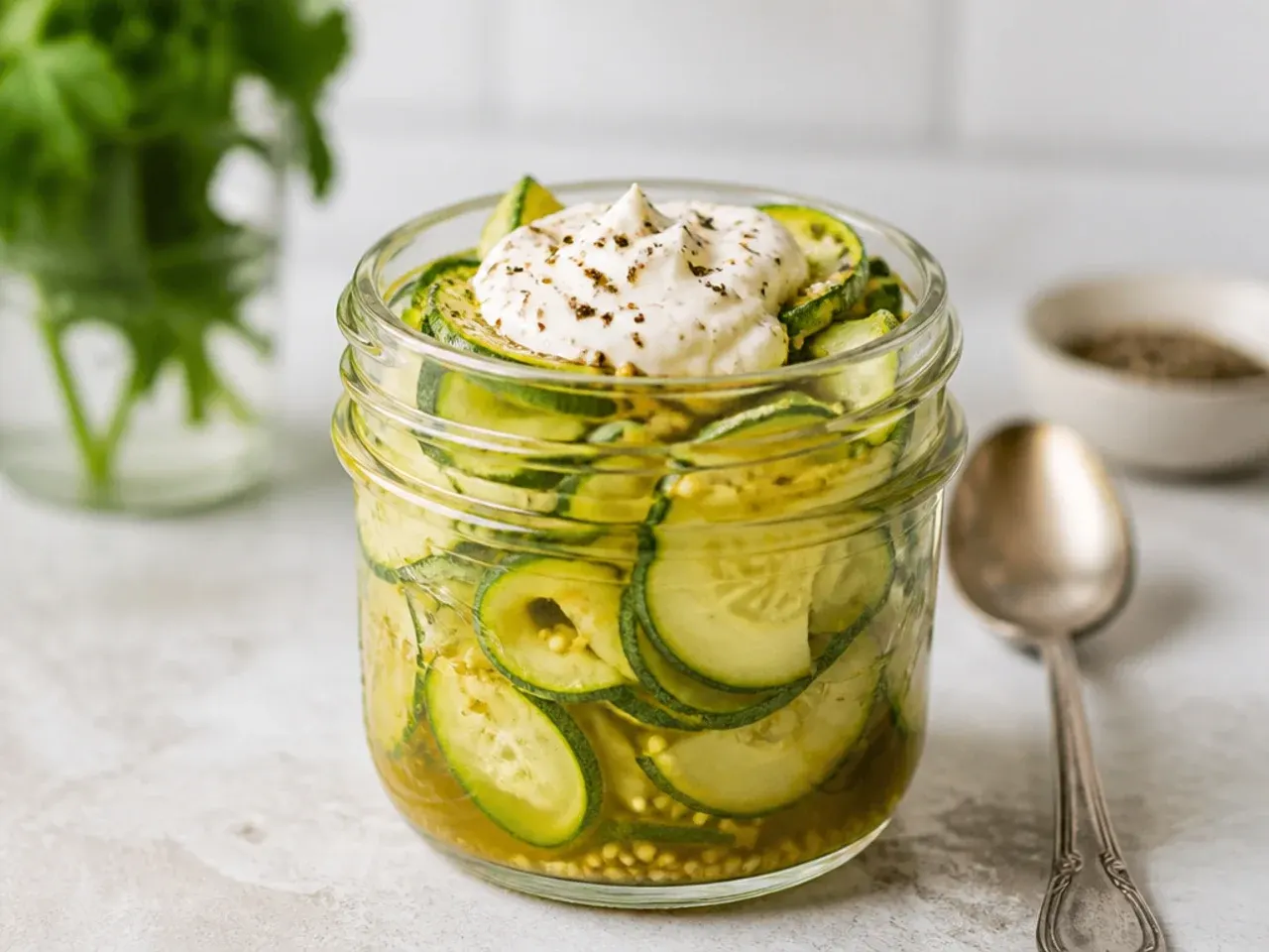 Sliced courgette pickling in a jar as a budget cucumber substitute