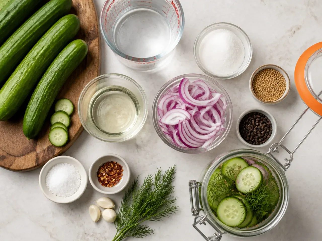 Close-up of hands pressing sliced cucumbers down under brine in a jar