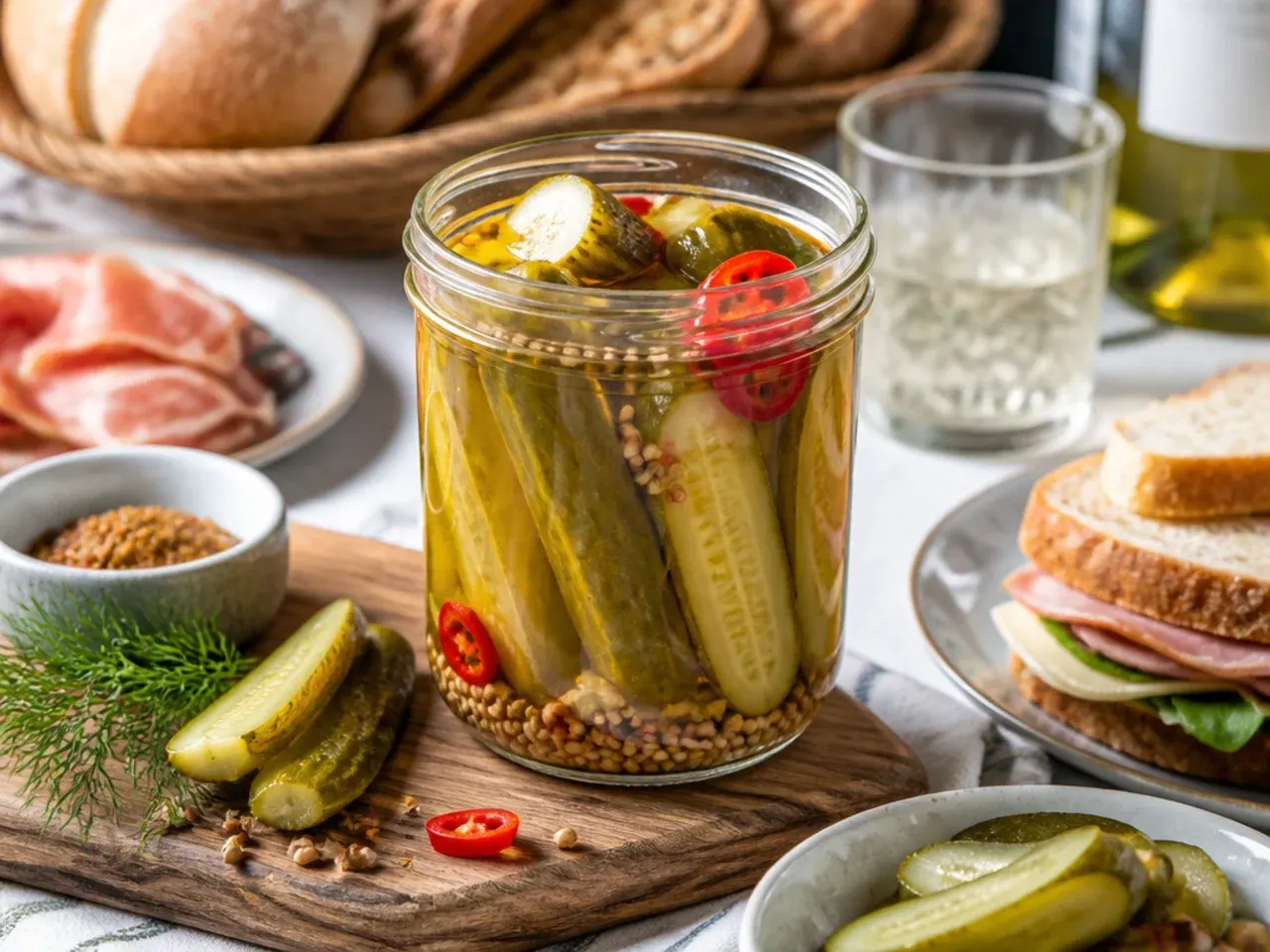 Sweet refrigerator pickles served alongside a burger and fries