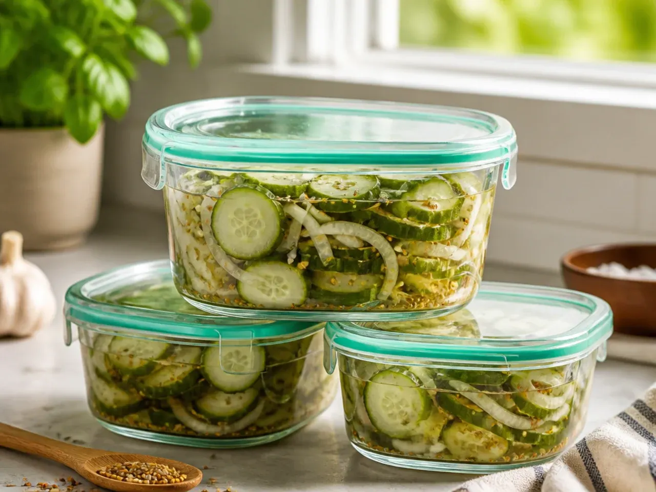 A sealed jar of sweet refrigerator pickles stored in the fridge door
