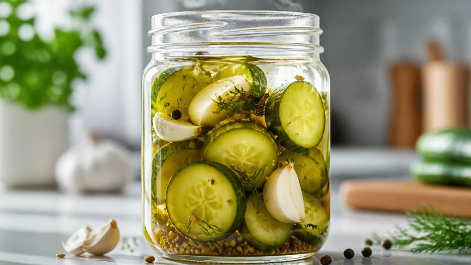 Overhead shot of a glass jar filled with sliced sweet refrigerator pickles and onion in golden brine, with a fork resting beside it.