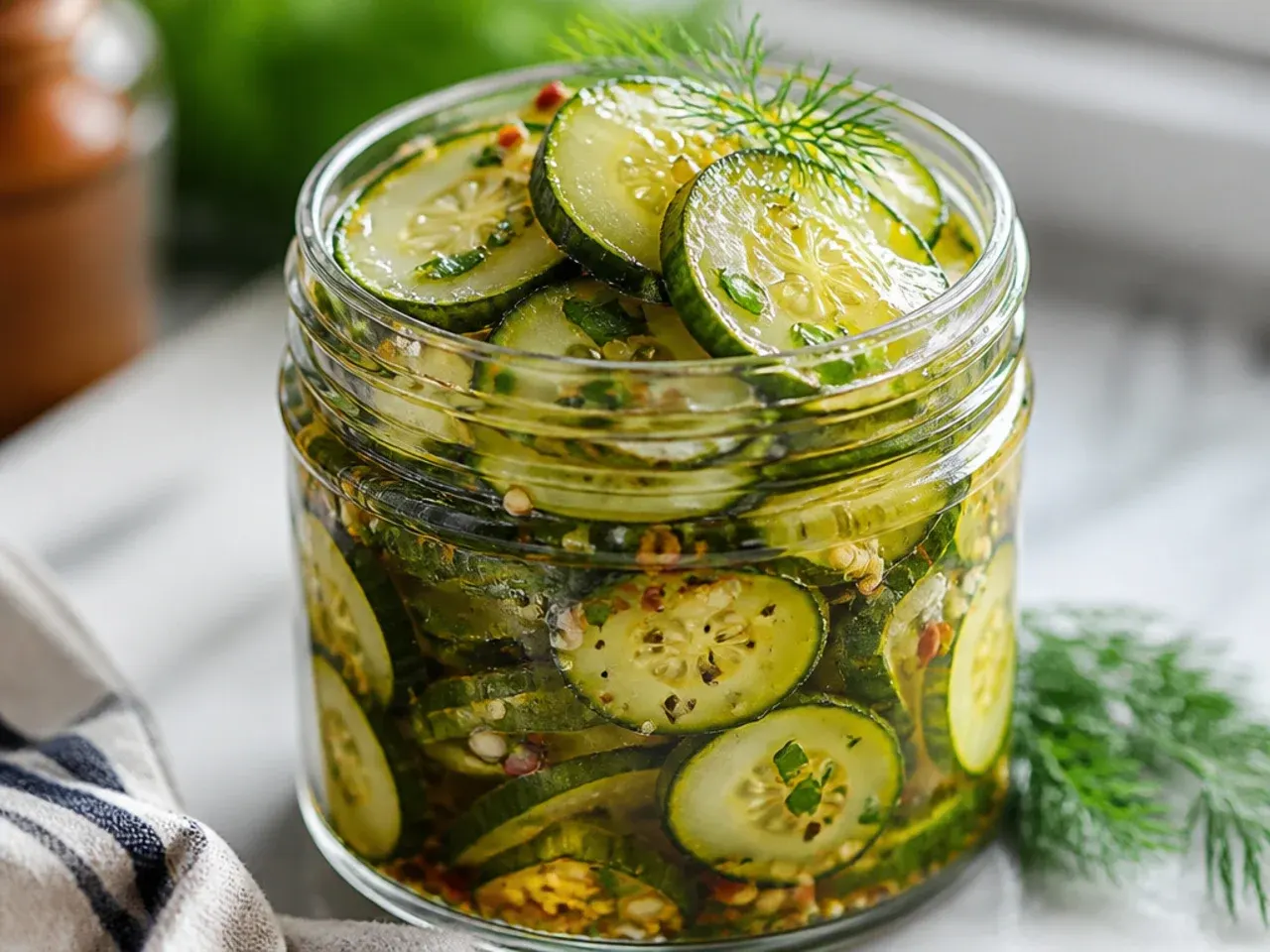 Sliced cucumbers and onion rounds arranged on a wooden board next to a jar of golden pickle brine.