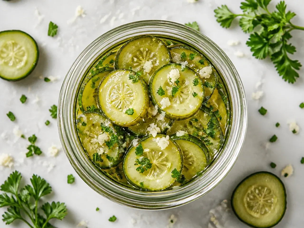 Glass jar of classic sweet refrigerator pickles with visible mustard seed and turmeric-tinted brine.